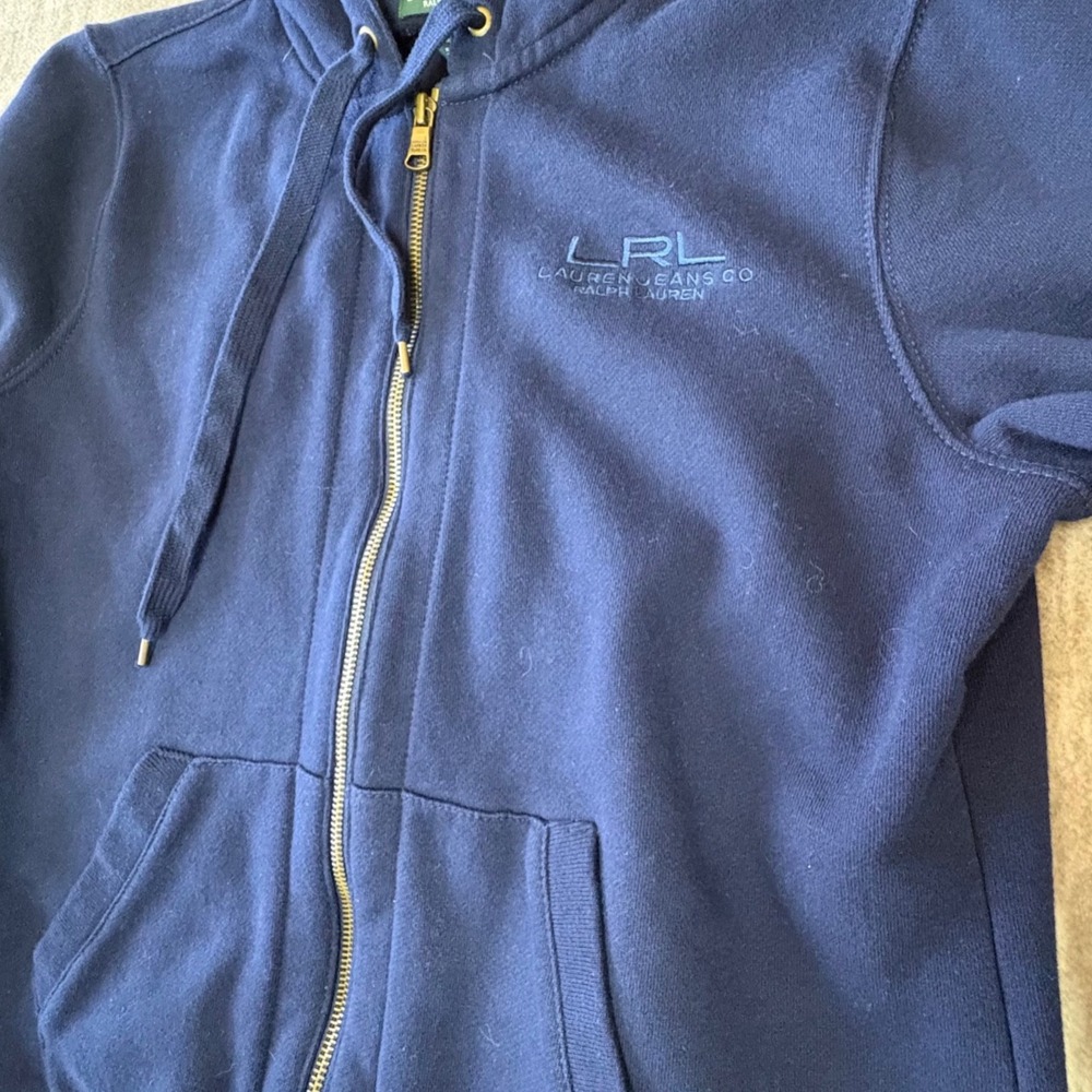 LRL Lauren Jeans Co Ralph Lauren Full Zip Hoodie Women L Navy Fleece Sweatshirt - Picture 3 of 9